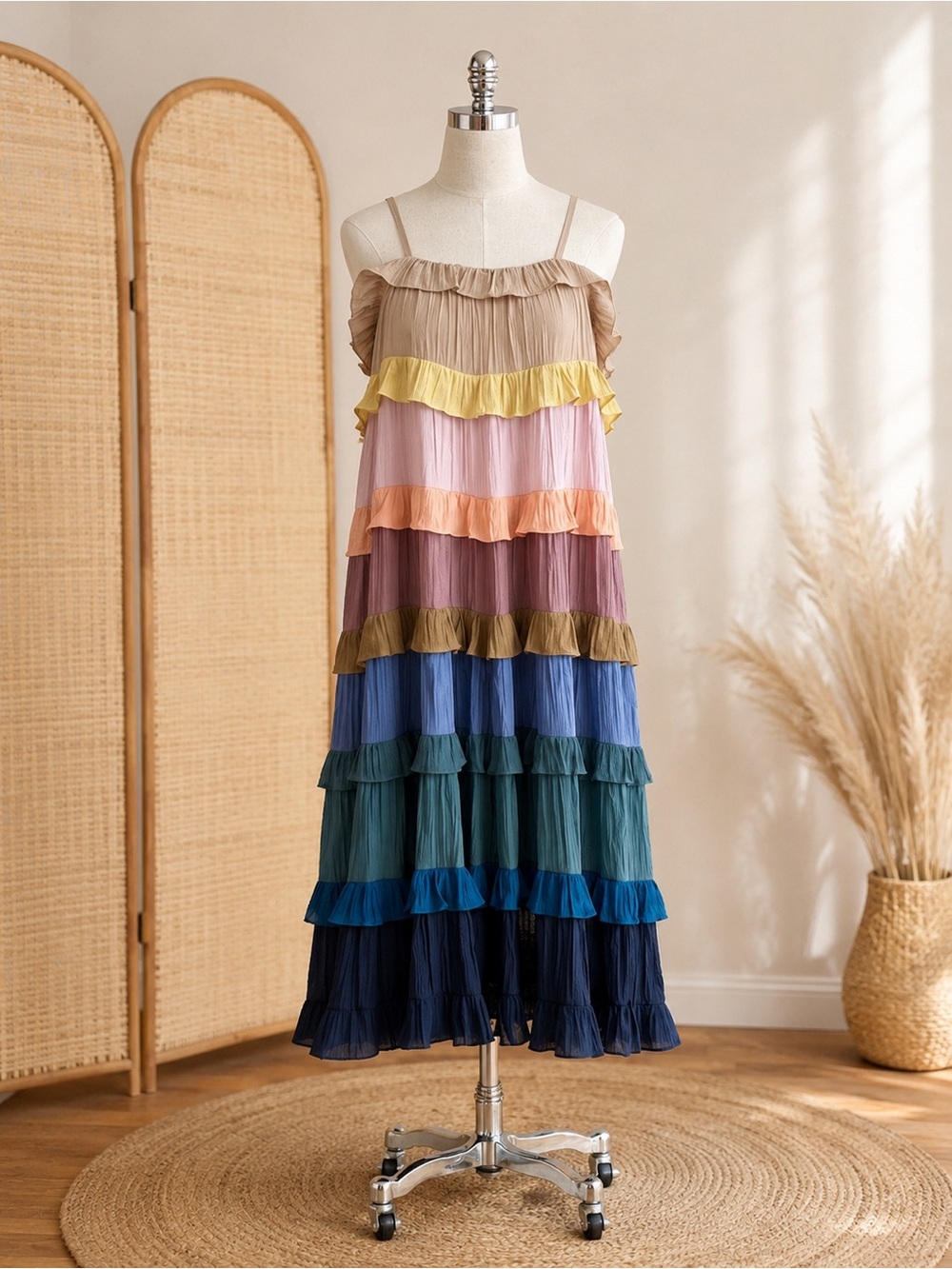Storia Tiered Ruffle Maxi Dress | Boho Rainbow Pastel | Cottagecore Size Small